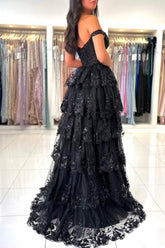 Beautiful Black Sweetheart A-line Off-the-shoulder Sleeveless Long Lace Dresses With Slit